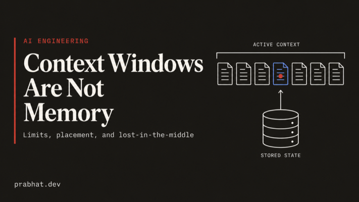 Context Windows Are Not Memory cover showing a finite row of documents selected from stored state into active context.