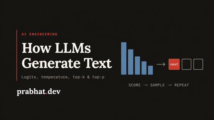 How LLMs generate text: probability bars lead to a selected next token, illustrating scoring, sampling, and repetition.